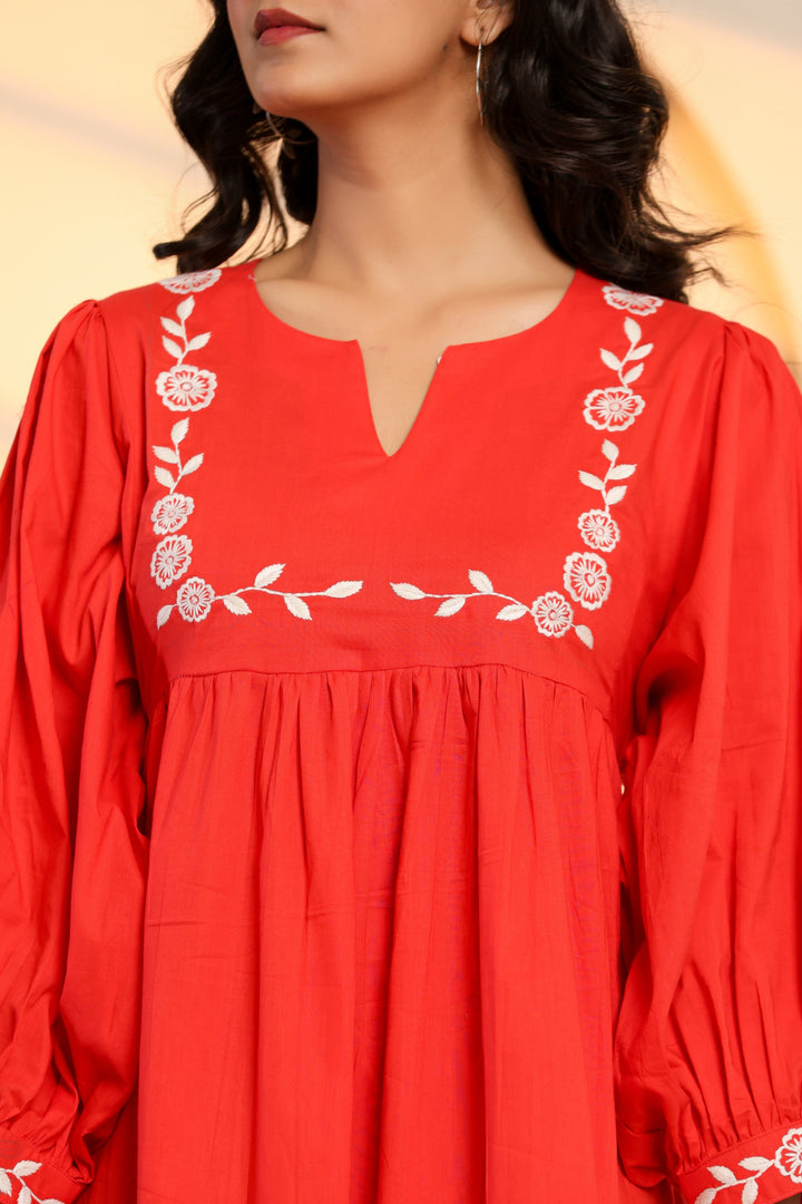 Poppy Red Cotton Embroidered Midi Dress  - By Ragavi - qivii