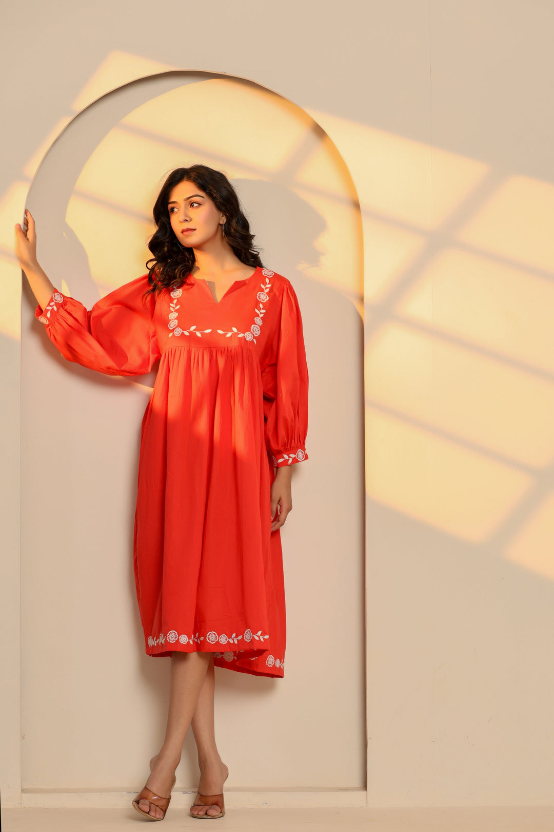 Poppy Red Cotton Embroidered Midi Dress  - By Ragavi - qivii