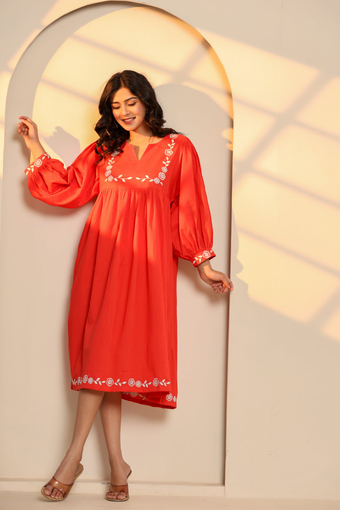 Poppy Red Cotton Embroidered Midi Dress  - By Ragavi - qivii