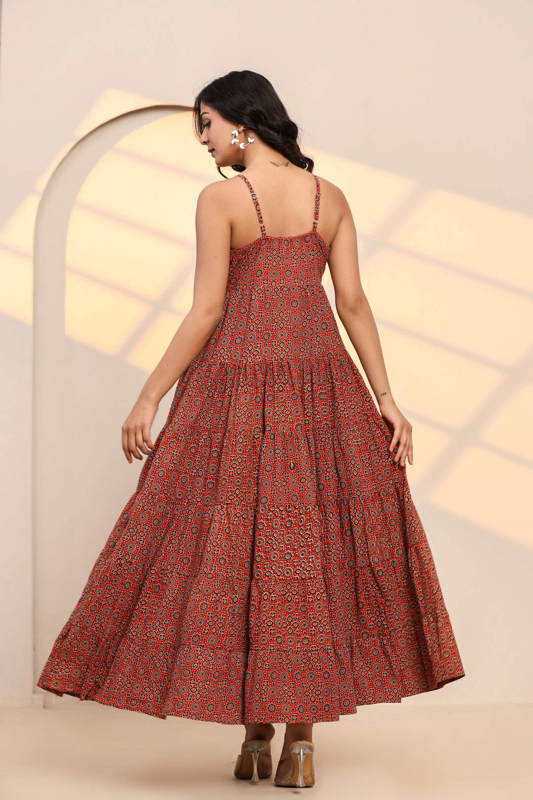 Scarlet Sage Red Cotton Hand Block Printed Maxi Dress  - By Ragavi - qivii