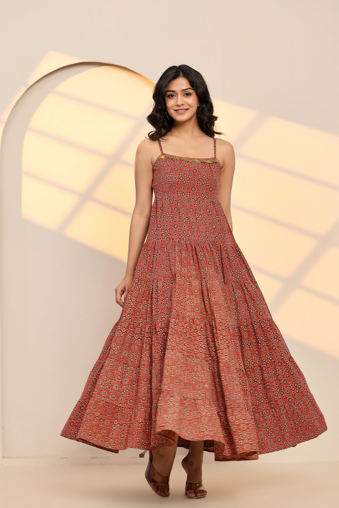 Scarlet Sage Red Cotton Hand Block Printed Maxi Dress  - By Ragavi - qivii