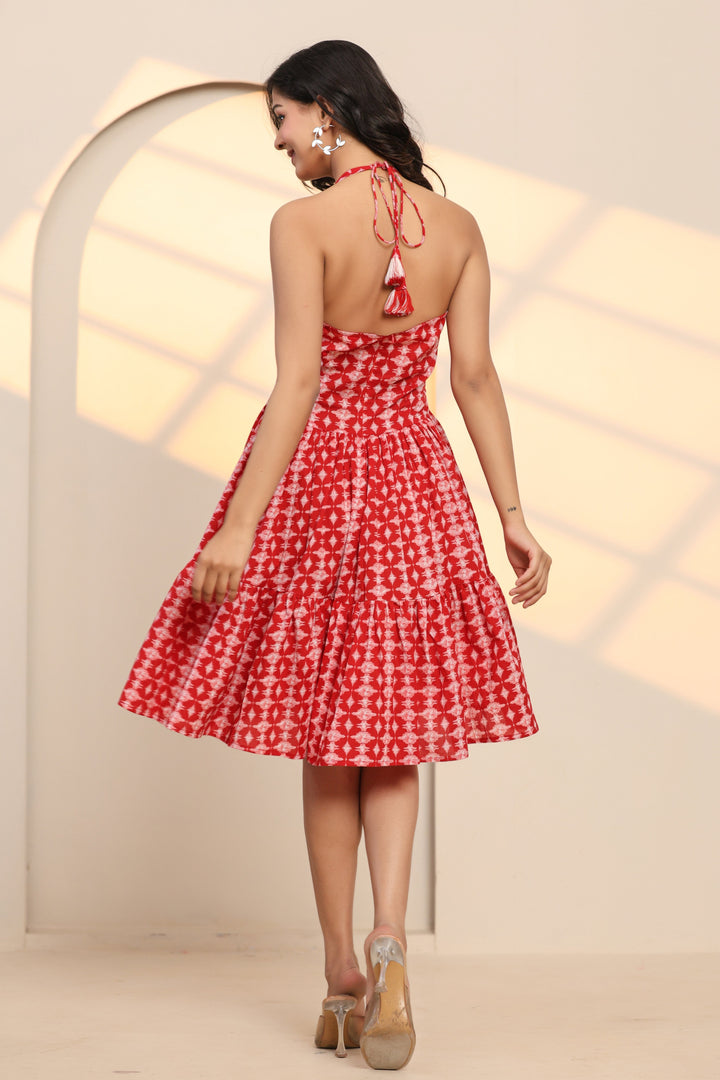 Salsa Red Hand Block Cotton Mini Dress  - By Ragavi - qivii