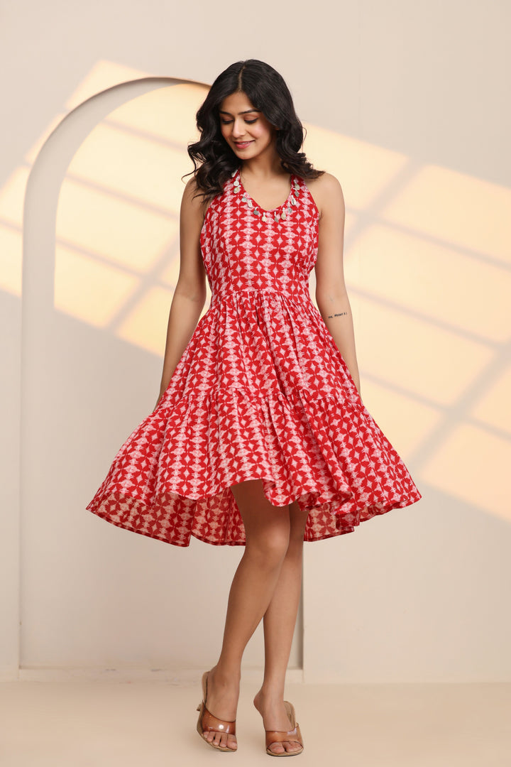 Salsa Red Hand Block Cotton Mini Dress  - By Ragavi - qivii