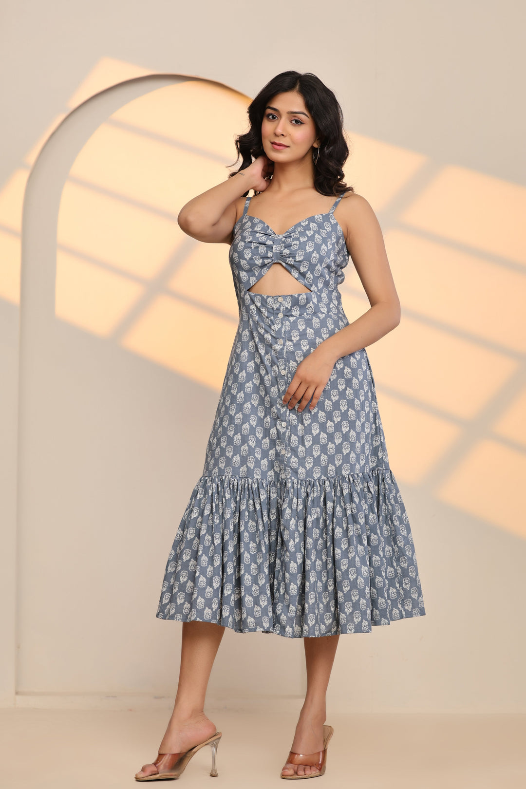 Oyster Grey Cotton Hand Block Printed Midi Dress  - By Ragavi - qivii