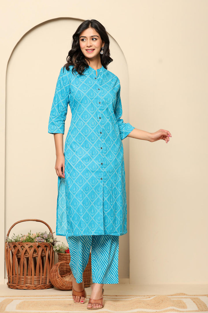 Blue Printed Cotton Kurta Set - qivii