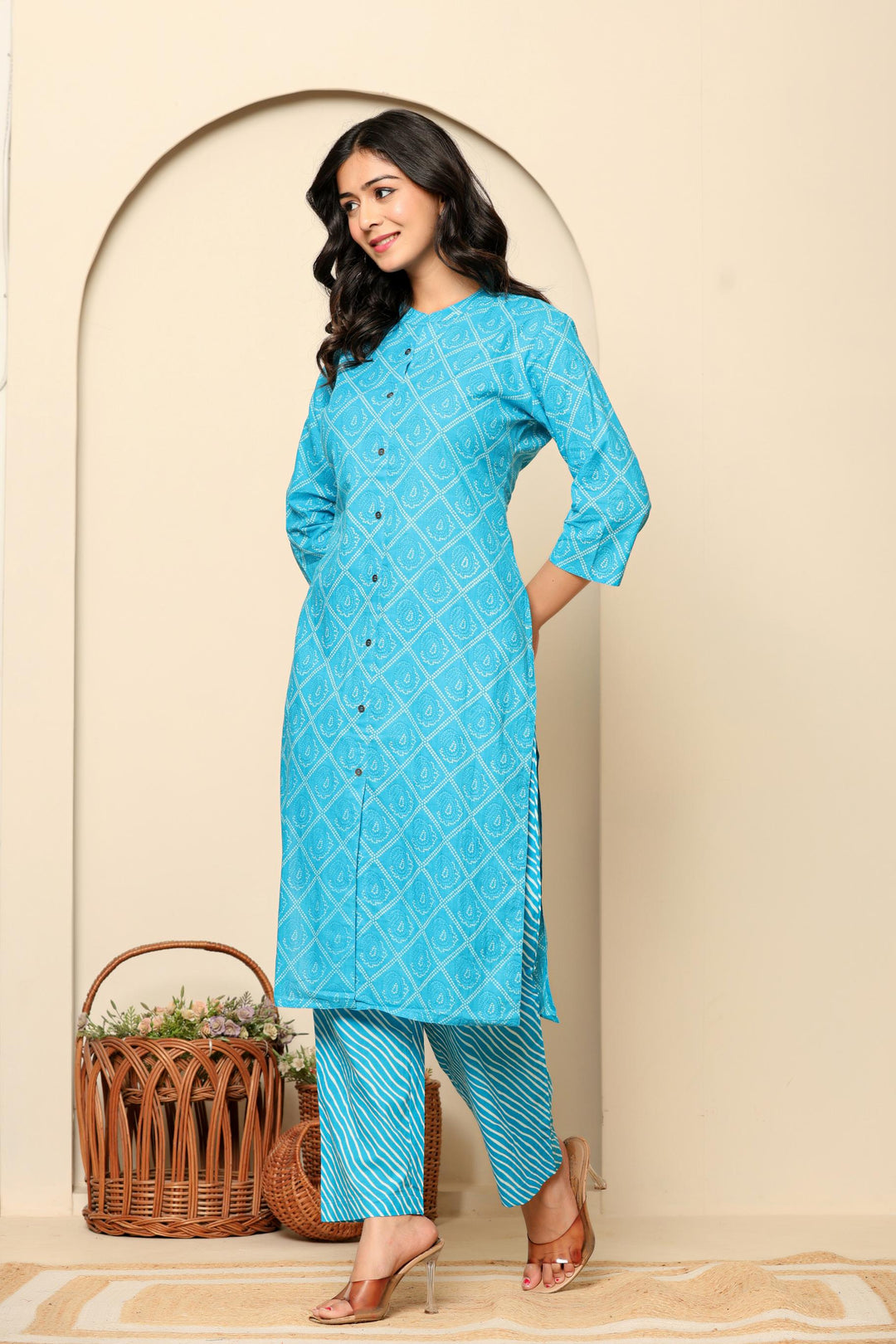 Blue Printed Cotton Kurta Set - qivii