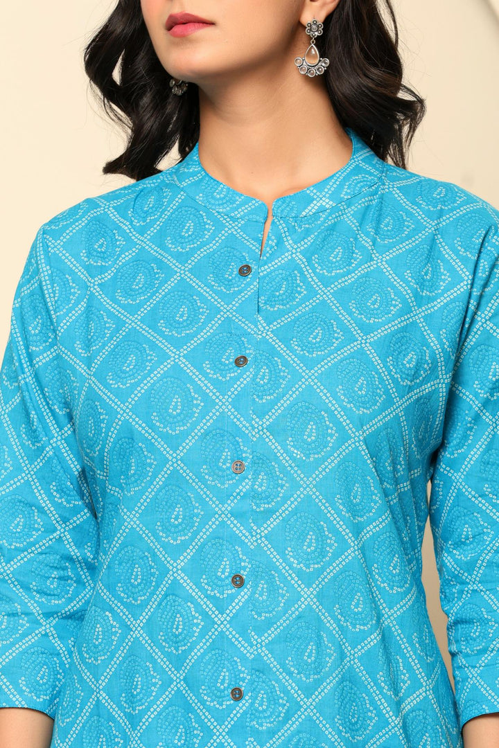 Blue Printed Cotton Kurta Set - qivii