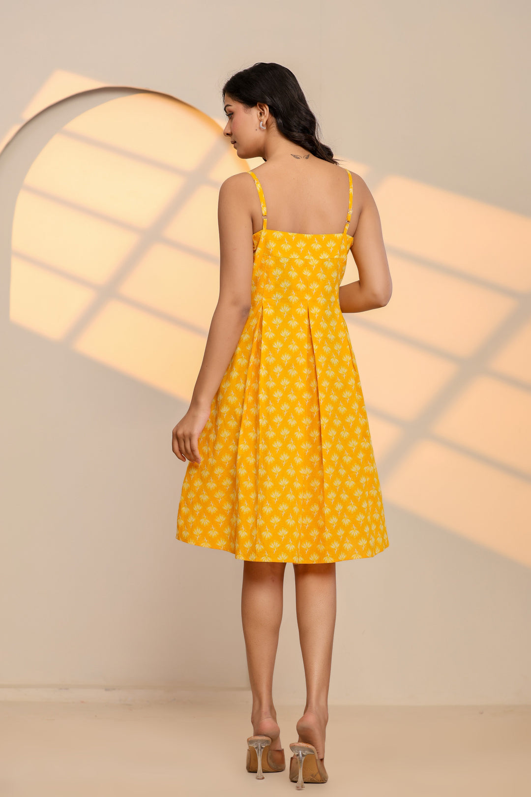 Misted Marigold Yellow Cotton Hand Block Printed Mini Dress  - By Ragavi - qivii