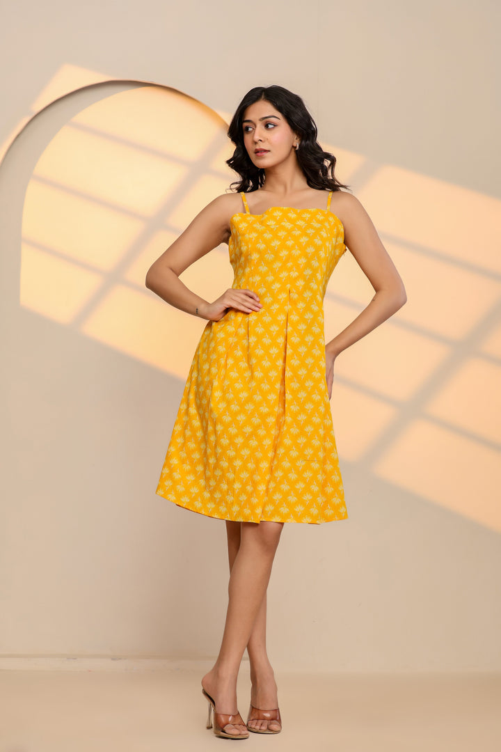 Misted Marigold Yellow Cotton Hand Block Printed Mini Dress  - By Ragavi - qivii