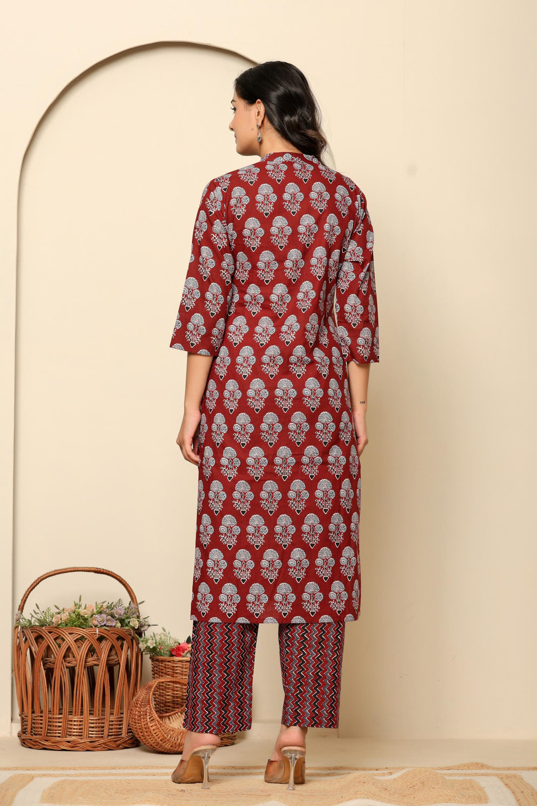 Maroon Printed Cotton Kurta Set - qivii