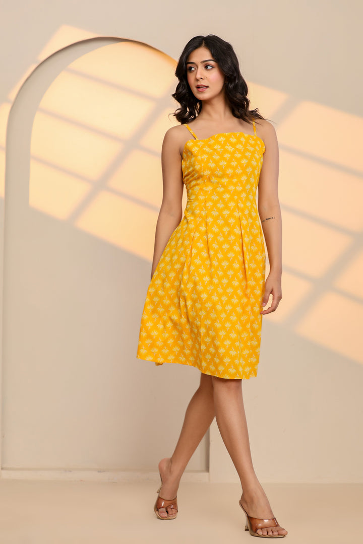Misted Marigold Yellow Cotton Hand Block Printed Mini Dress  - By Ragavi - qivii
