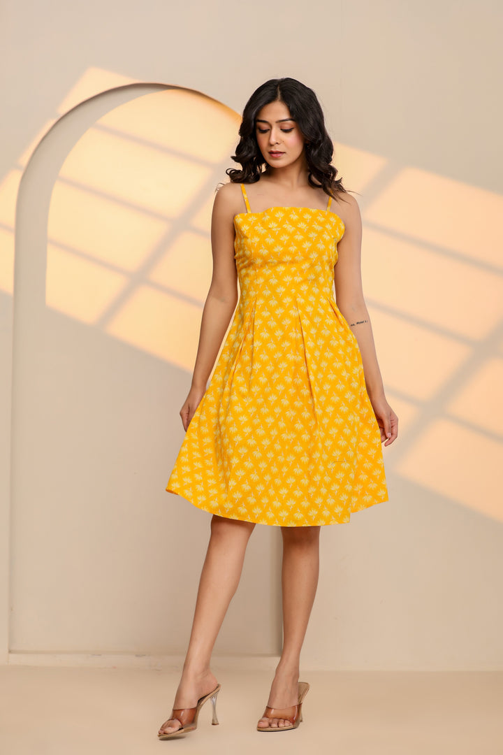 Misted Marigold Yellow Cotton Hand Block Printed Mini Dress  - By Ragavi - qivii