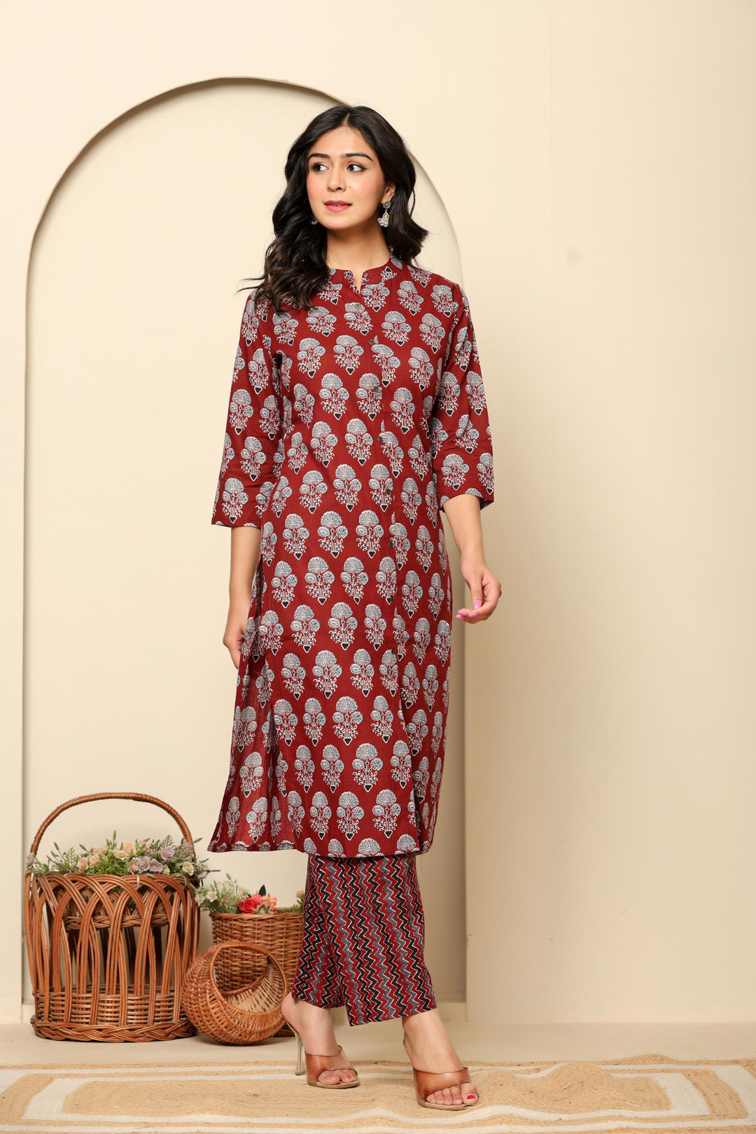 Maroon Printed Cotton Kurta Set - qivii