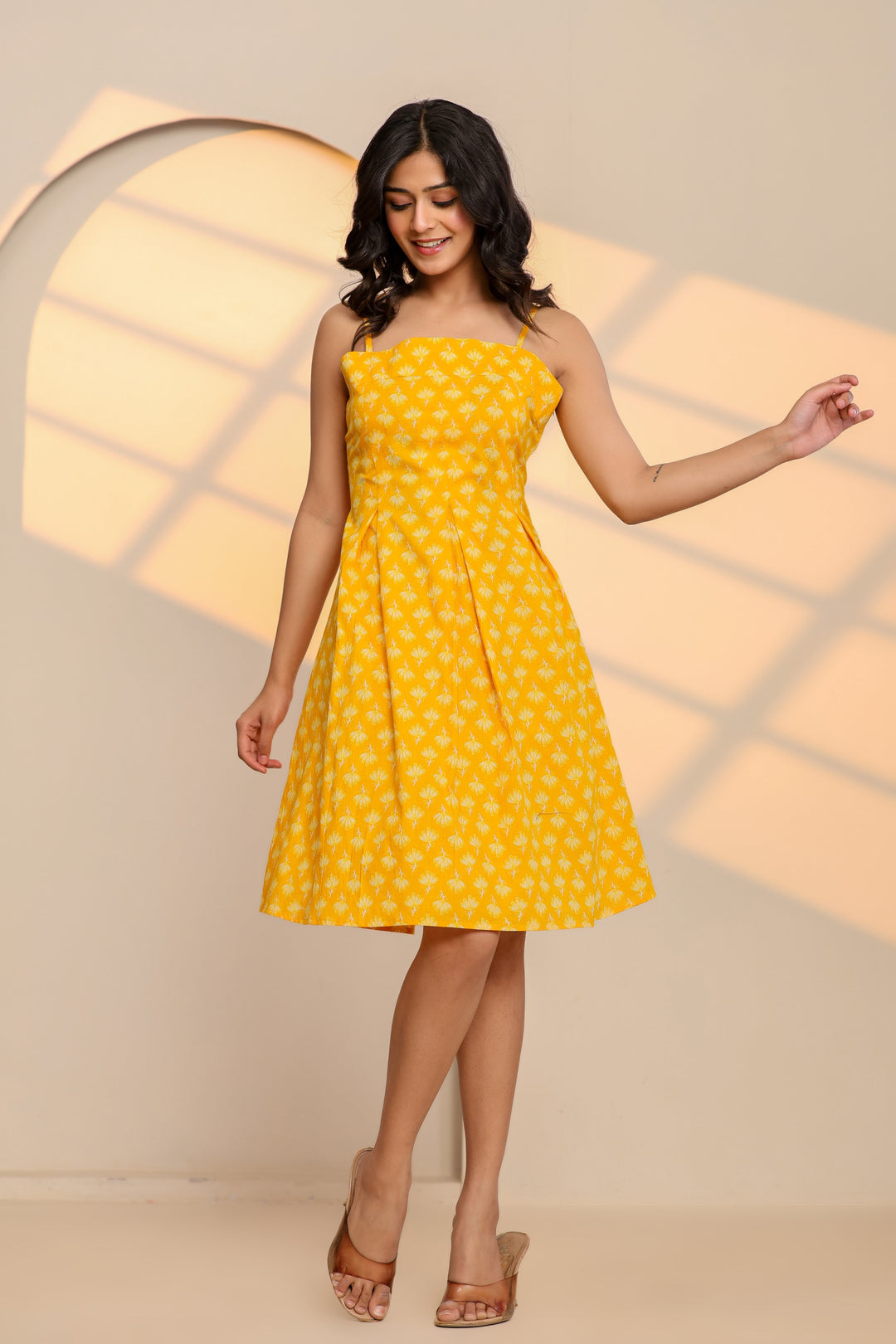 Misted Marigold Yellow Cotton Hand Block Printed Mini Dress  - By Ragavi - qivii