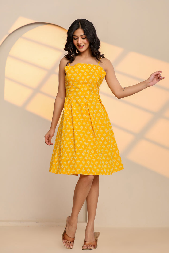 Misted Marigold Yellow Cotton Hand Block Printed Mini Dress  - By Ragavi - qivii