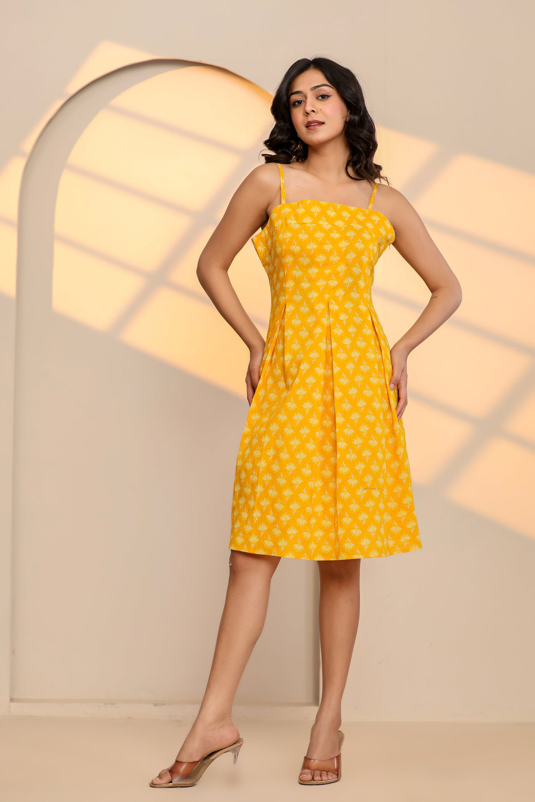 Misted Marigold Yellow Cotton Hand Block Printed Mini Dress  - By Ragavi - qivii