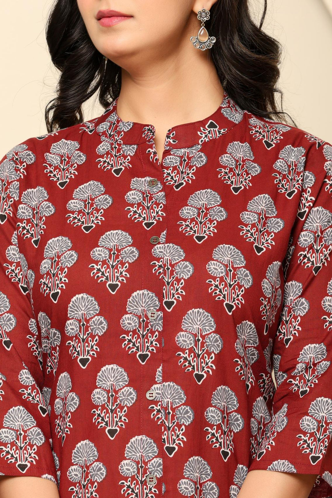 Maroon Printed Cotton Kurta Set - qivii