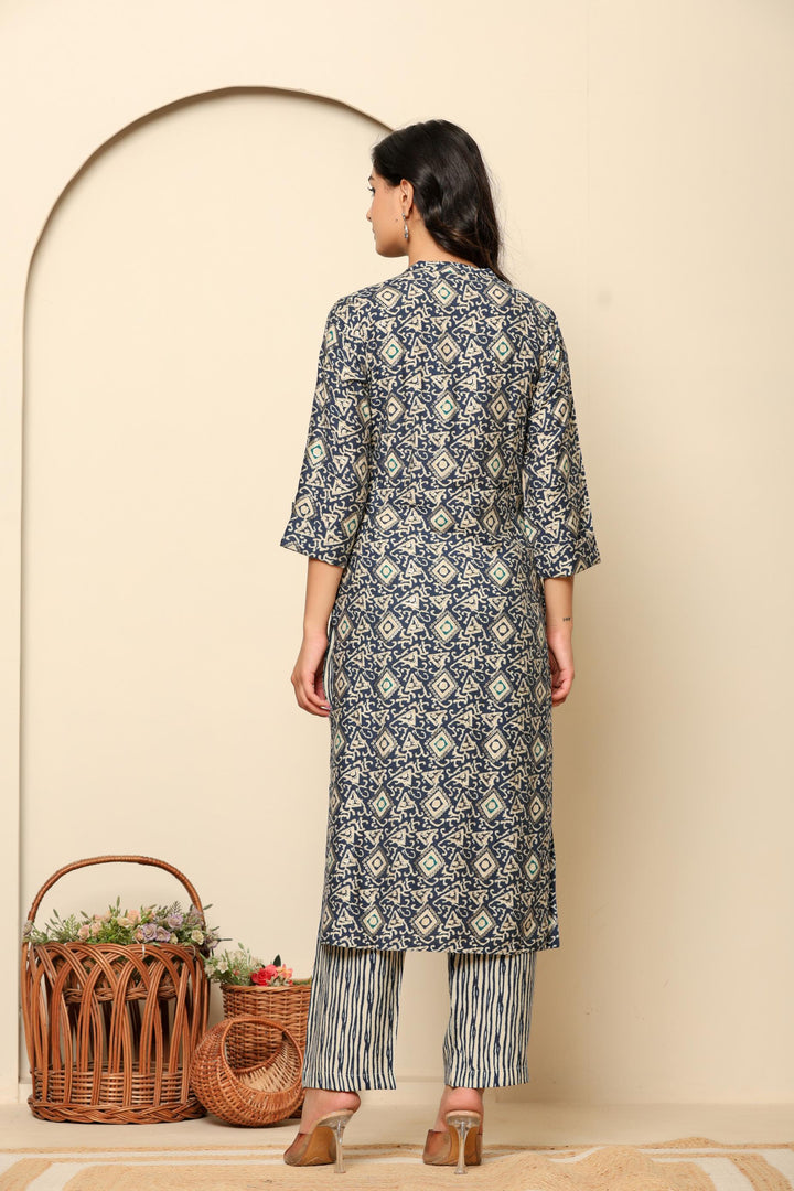 Blue Printed Rayon Kurta Set - qivii