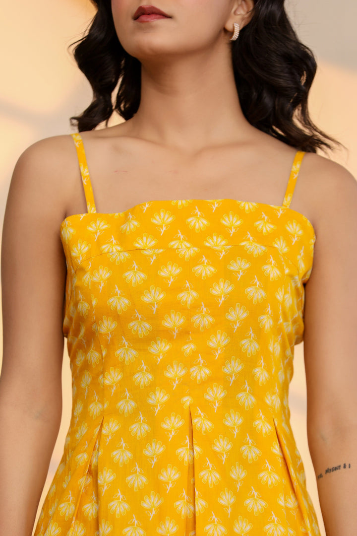 Misted Marigold Yellow Cotton Hand Block Printed Mini Dress  - By Ragavi - qivii