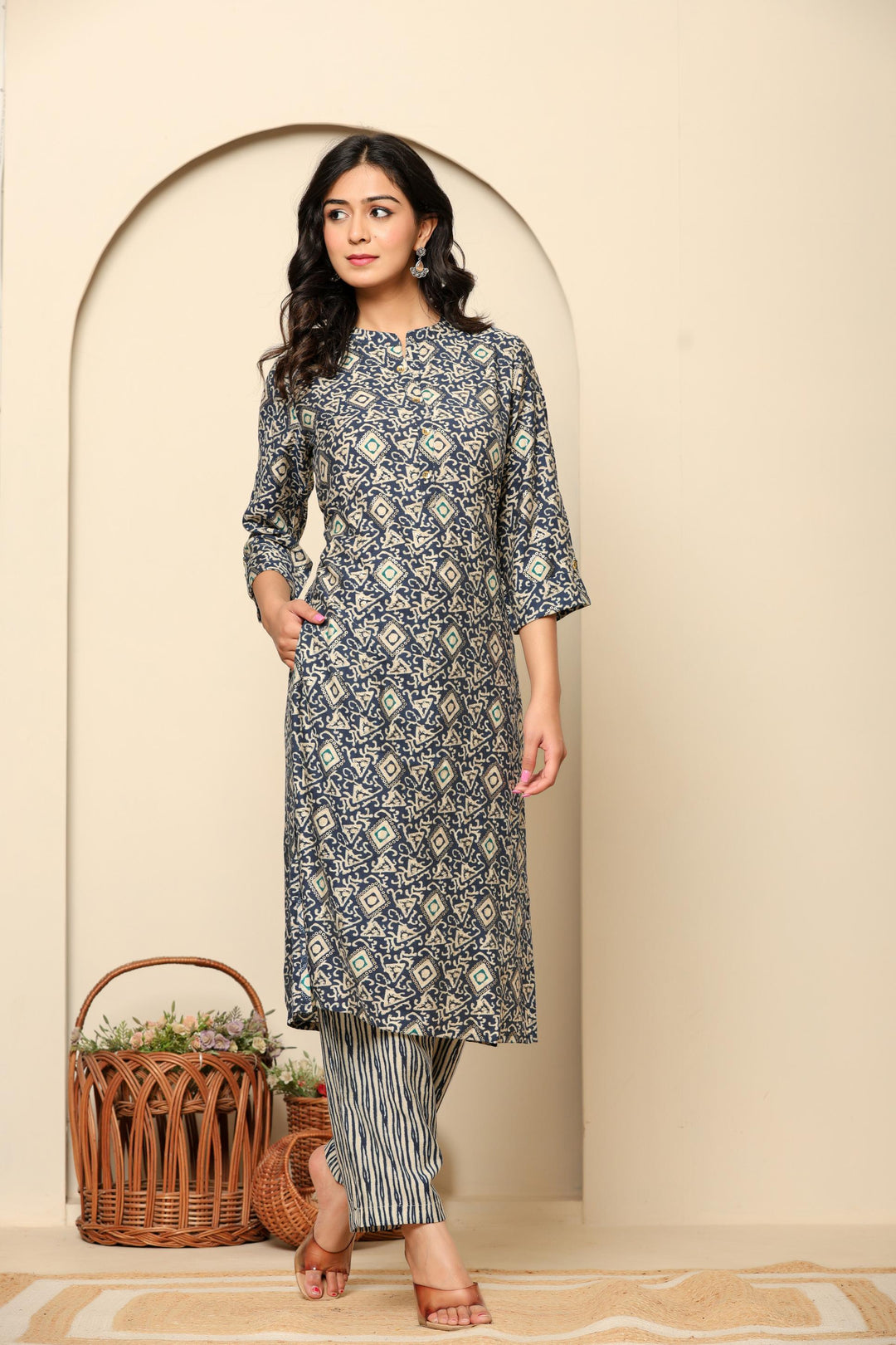 Blue Printed Rayon Kurta Set - qivii