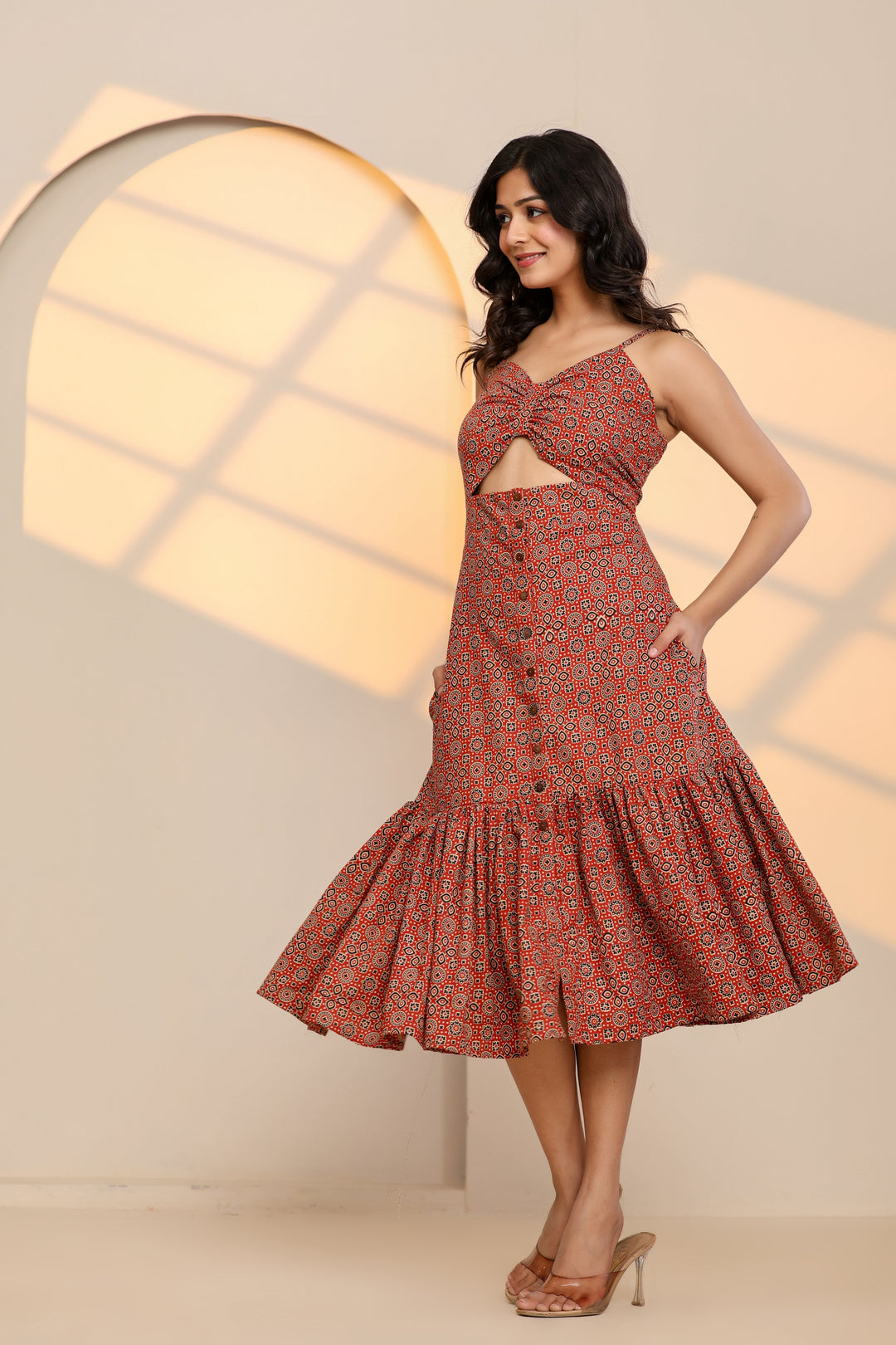 Racing Red Cotton Hand Block Printed Midi Dress  - By Ragavi - qivii