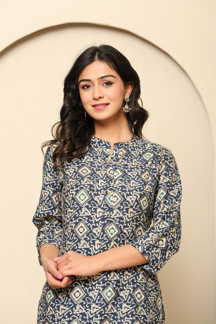 Blue Printed Rayon Kurta Set - qivii