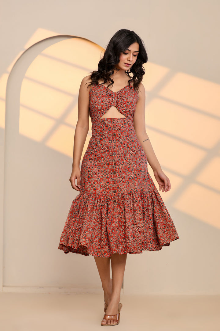 Racing Red Cotton Hand Block Printed Midi Dress  - By Ragavi - qivii