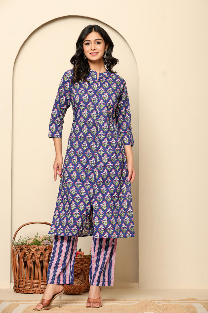Purple Printed Cotton Kurta Set - qivii