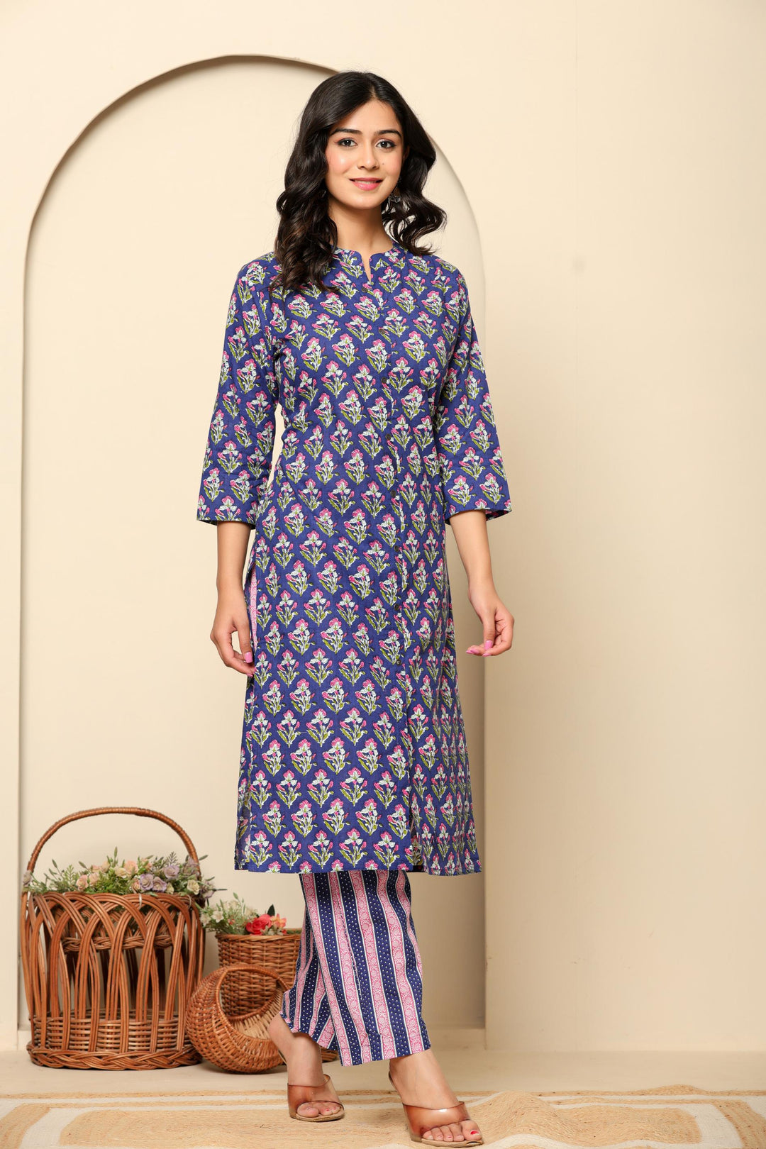Purple Printed Cotton Kurta Set - qivii