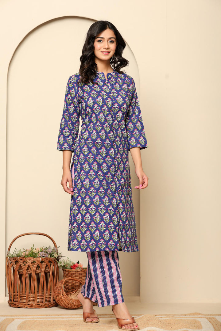 Purple Printed Cotton Kurta Set - qivii