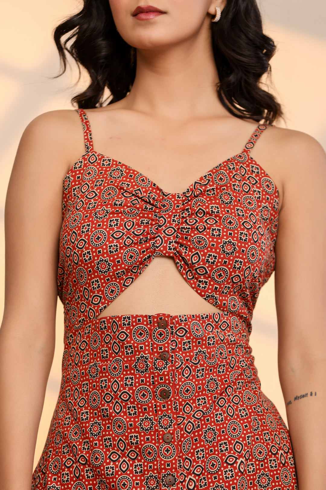 Racing Red Cotton Hand Block Printed Midi Dress  - By Ragavi - qivii