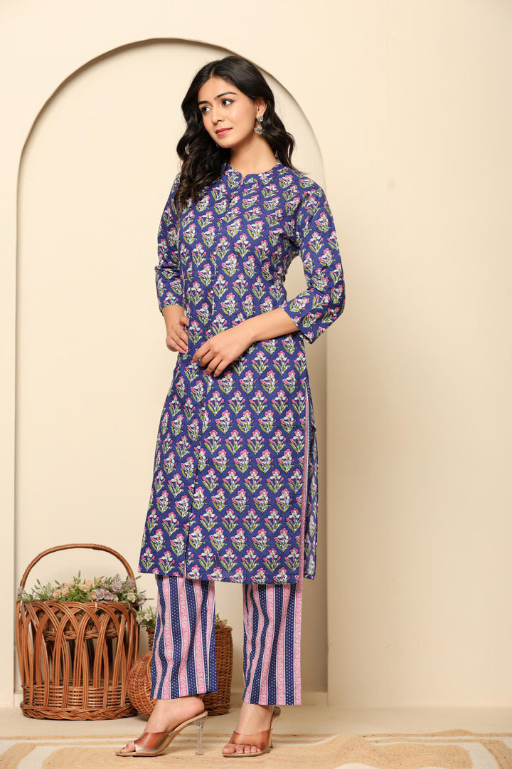 Purple Printed Cotton Kurta Set - qivii