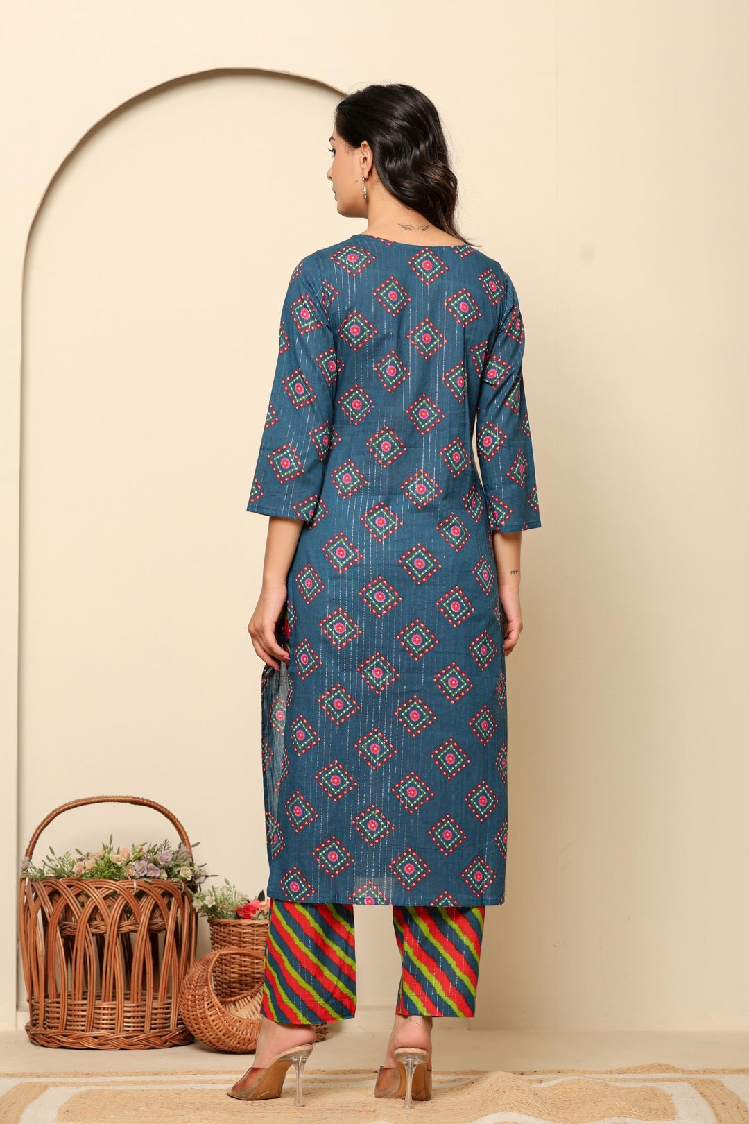 Navy Blue Printed Cotton Kurta Set - qivii