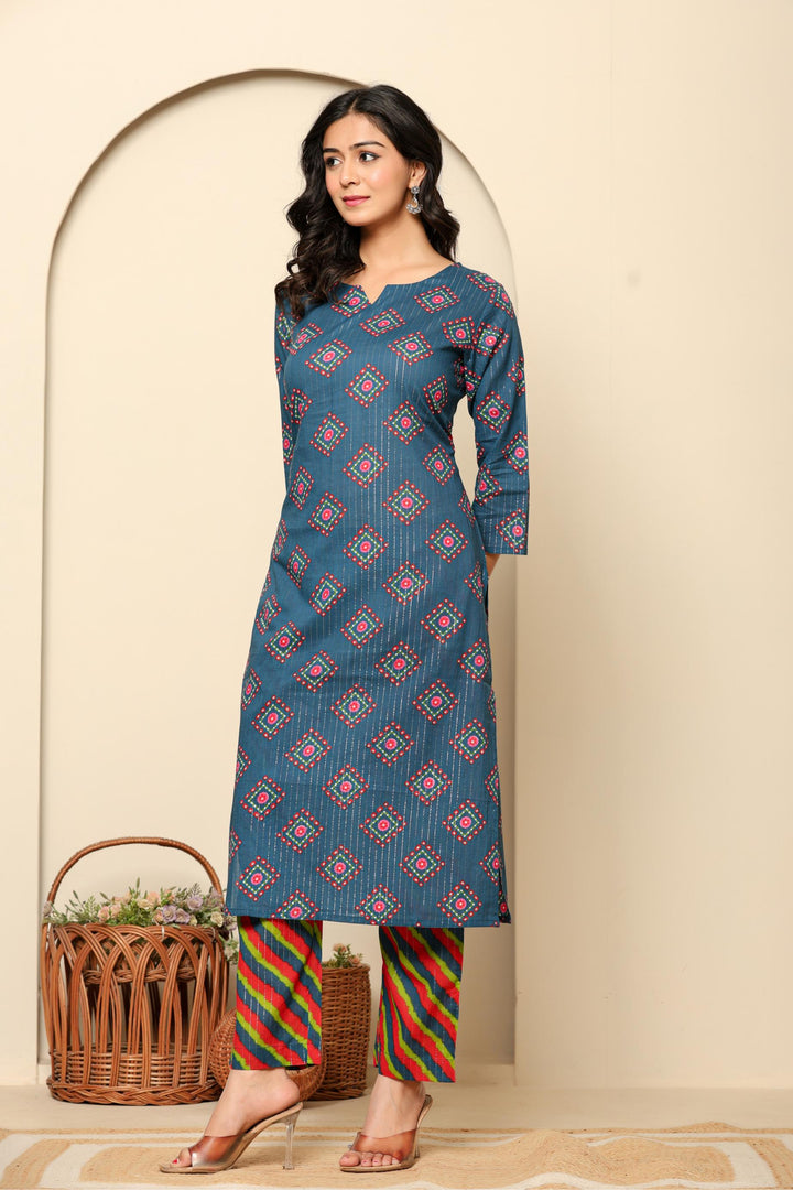 Navy Blue Printed Cotton Kurta Set - qivii