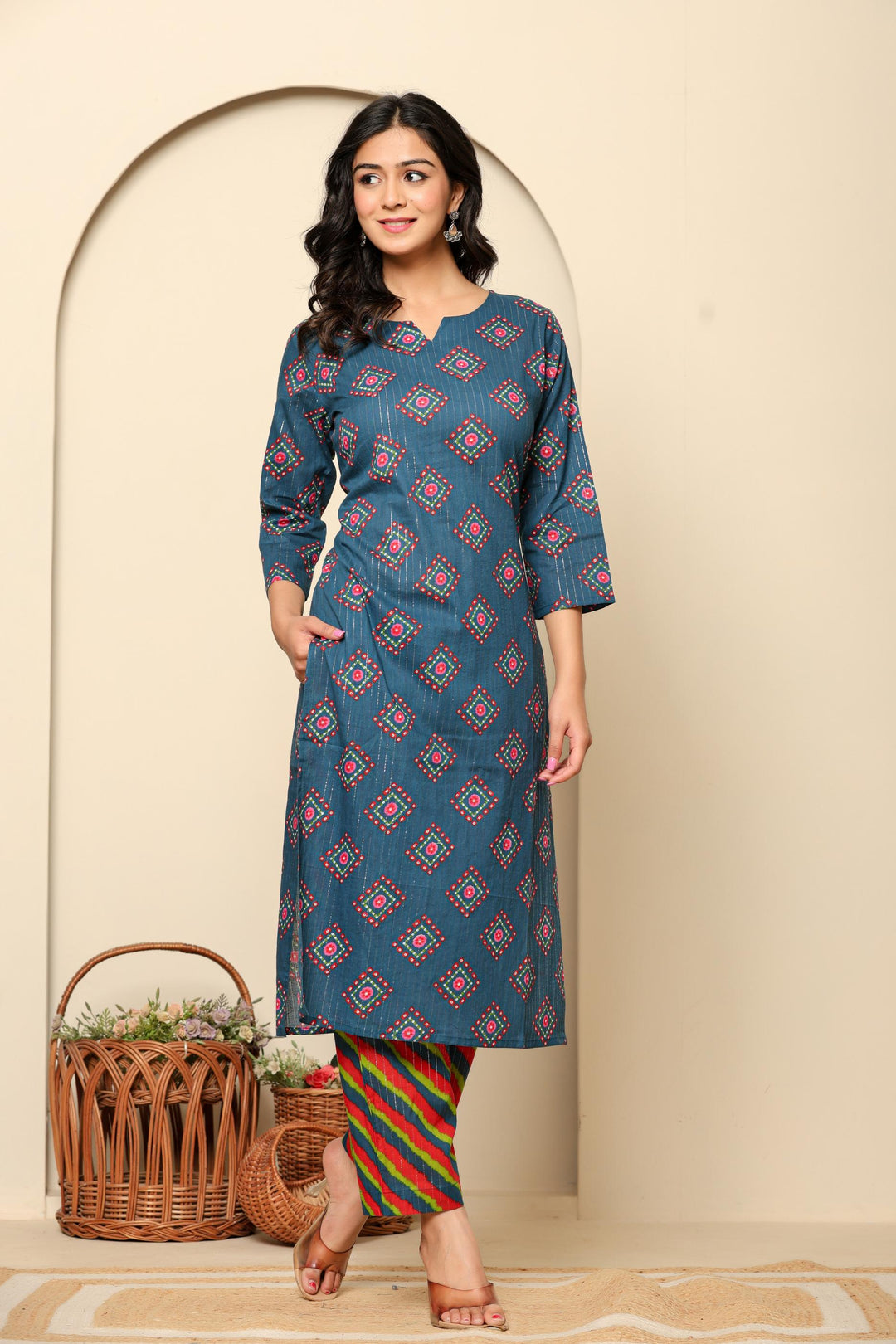 Navy Blue Printed Cotton Kurta Set - qivii