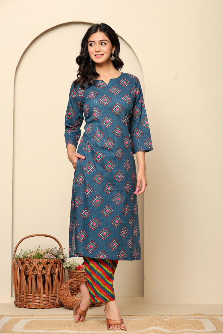 Navy Blue Printed Cotton Kurta Set - qivii