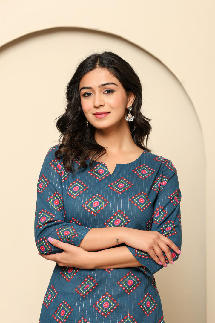 Navy Blue Printed Cotton Kurta Set - qivii