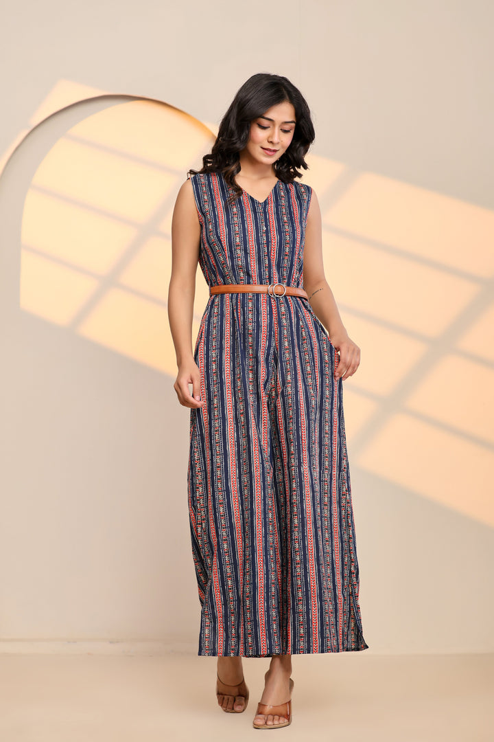 Peony Blue Cotton Printed Jumpsuit  - By Ragavi - qivii