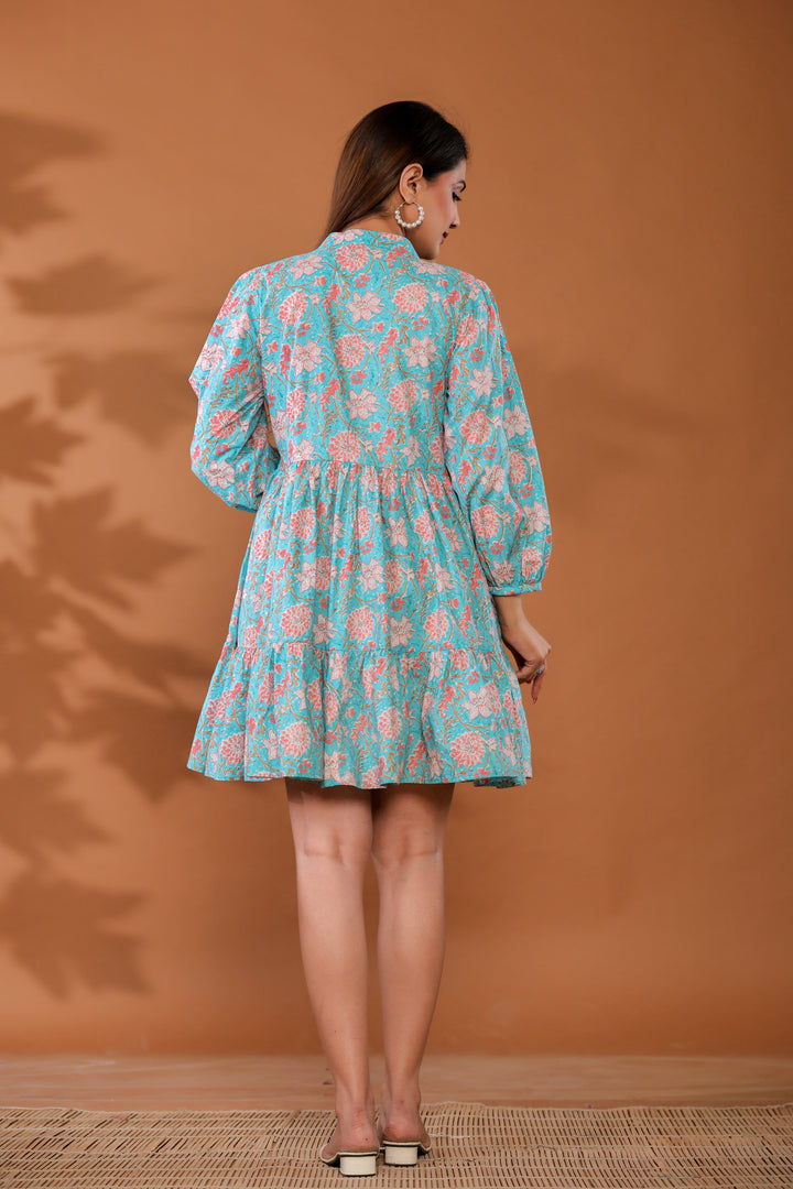 Ice Water Blue Cotton Hand Block Printed Mini Dress  - By Ragavi - qivii