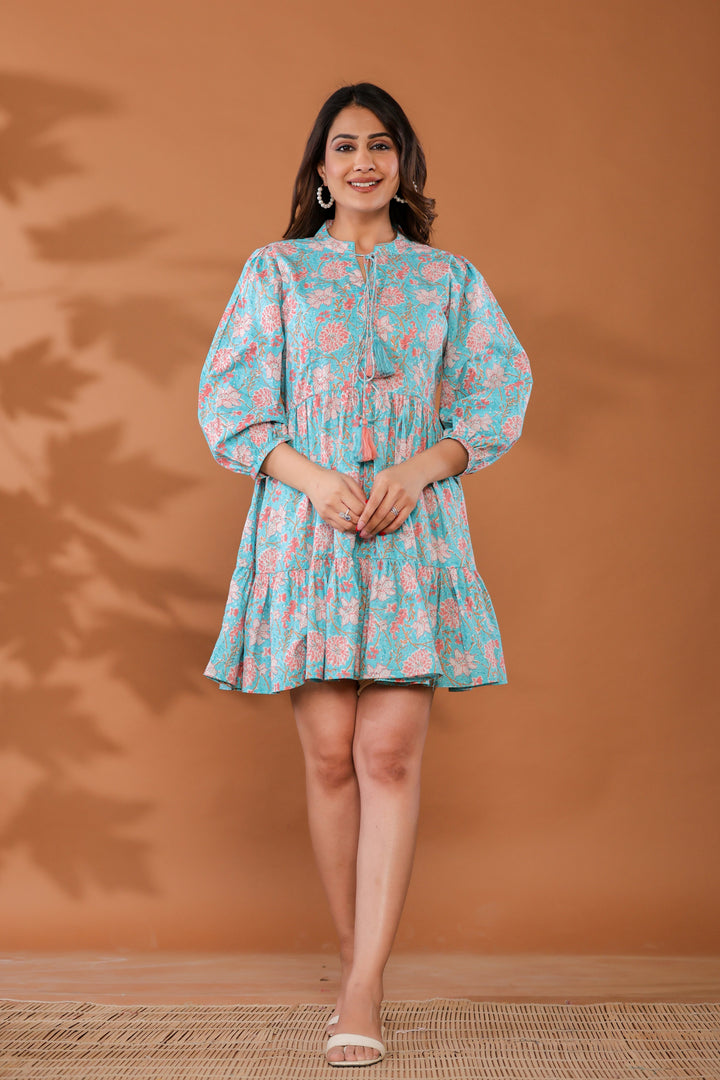 Ice Water Blue Cotton Hand Block Printed Mini Dress  - By Ragavi - qivii