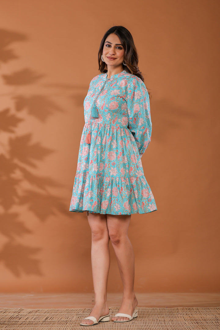 Ice Water Blue Cotton Hand Block Printed Mini Dress  - By Ragavi - qivii