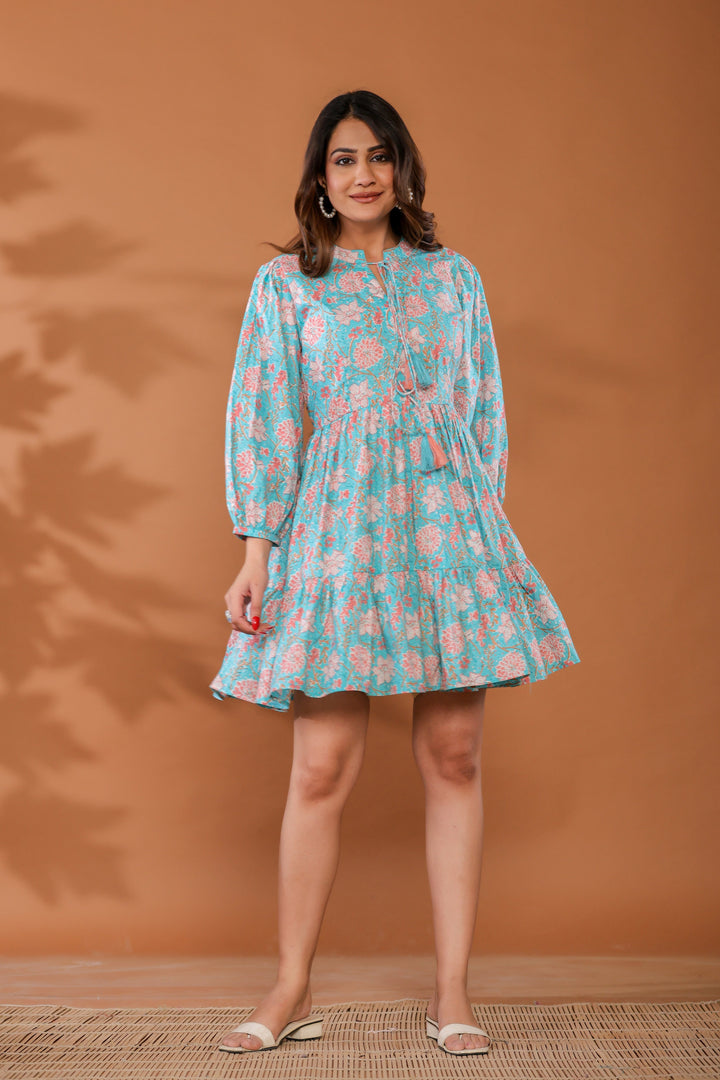 Ice Water Blue Cotton Hand Block Printed Mini Dress  - By Ragavi - qivii