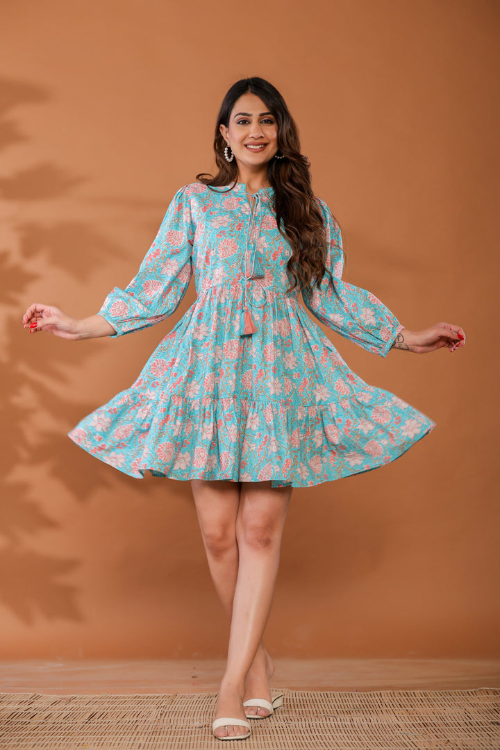 Ice Water Blue Cotton Hand Block Printed Mini Dress  - By Ragavi - qivii