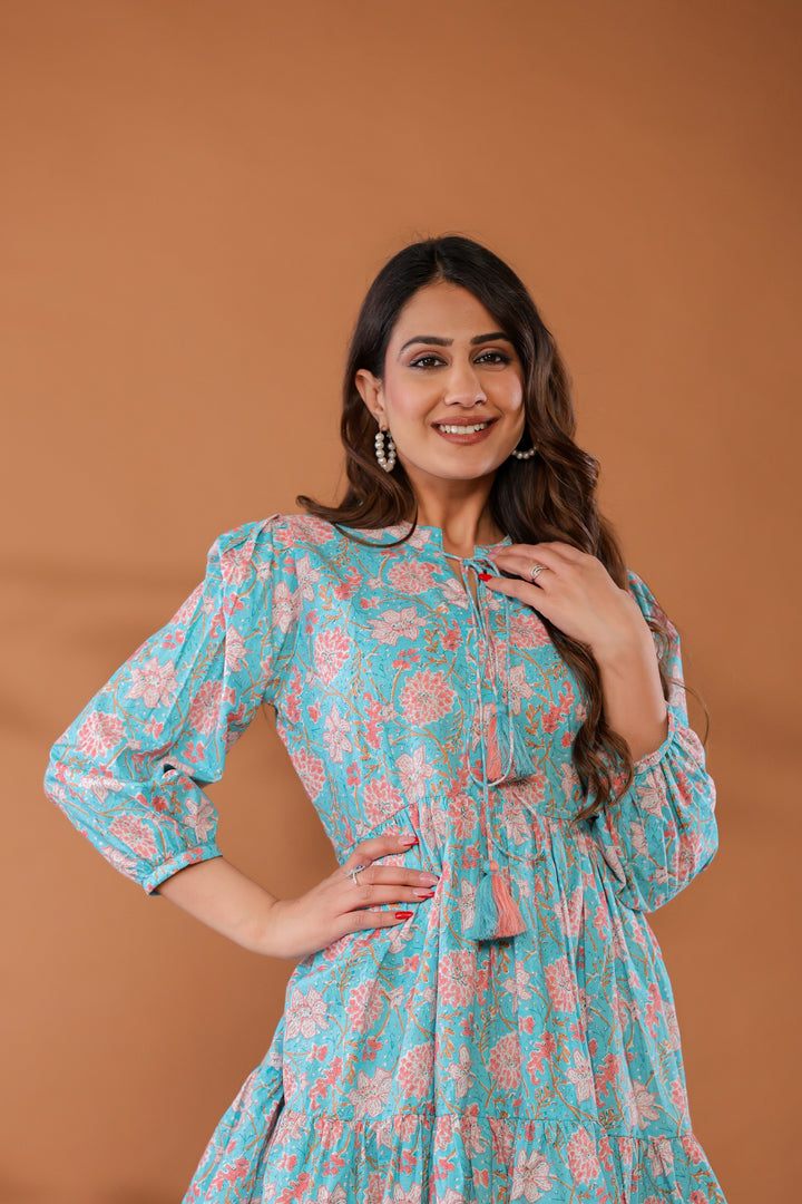 Ice Water Blue Cotton Hand Block Printed Mini Dress  - By Ragavi - qivii