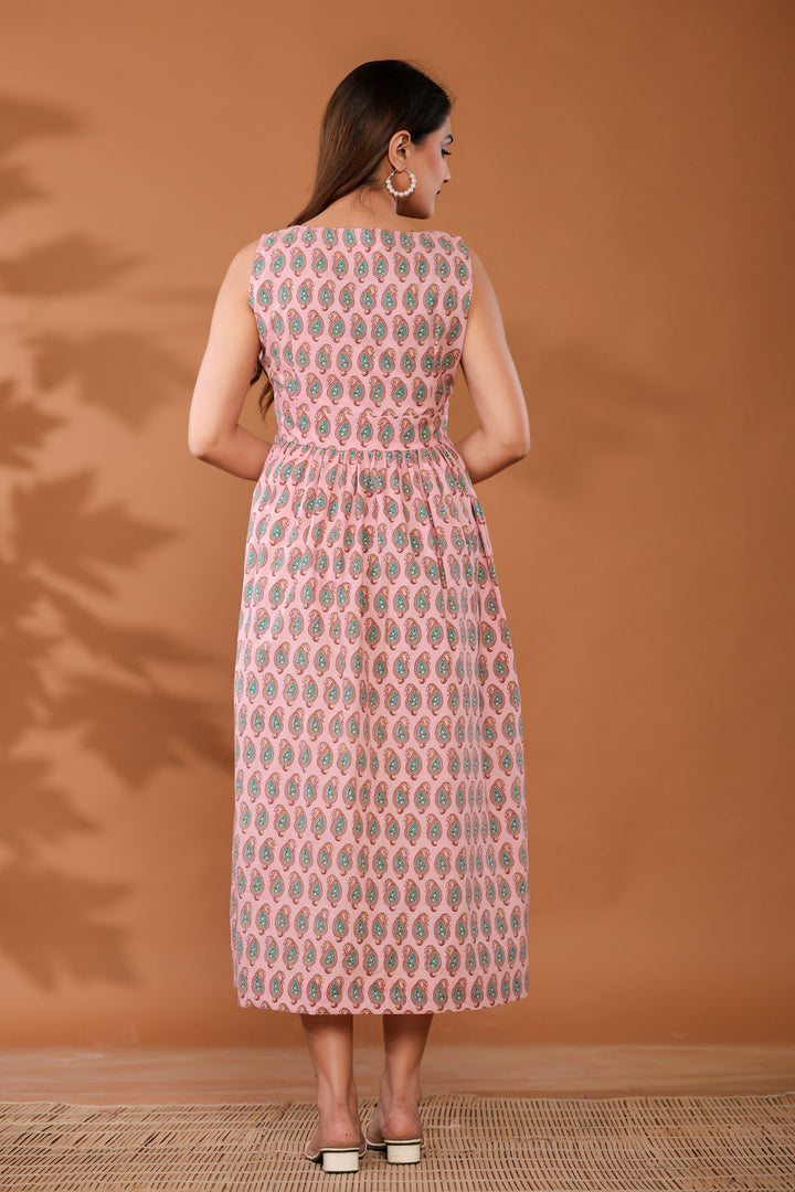 Sugar Pink Cotton Hand Block Printed Midi Dress  - By Ragavi - qivii