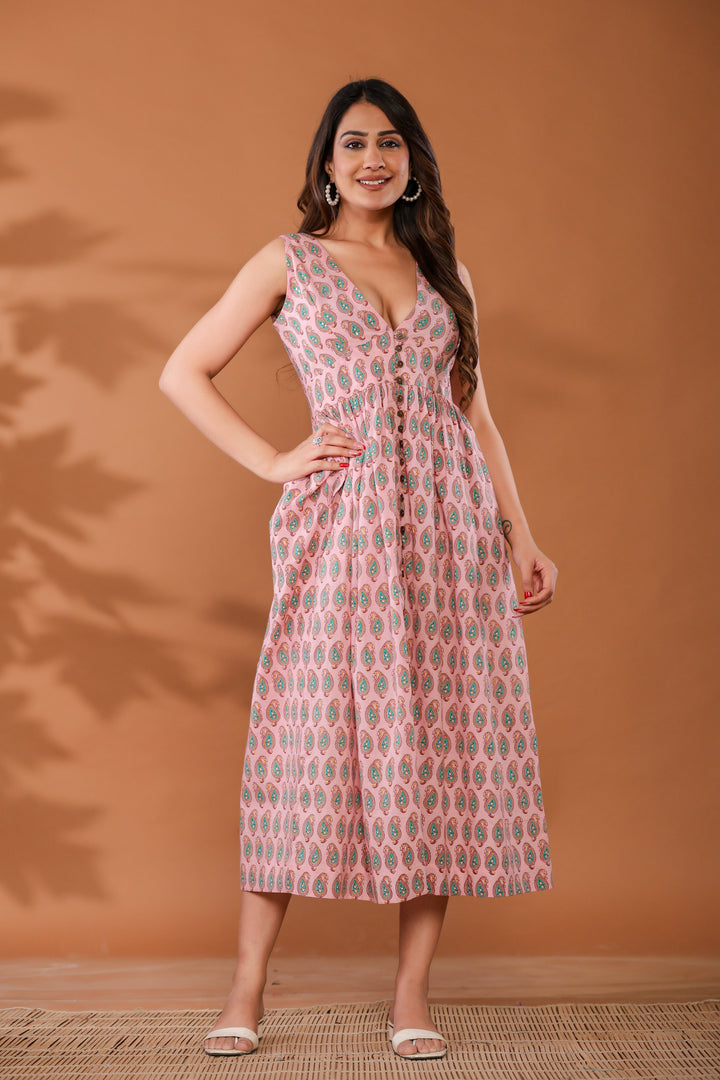 Sugar Pink Cotton Hand Block Printed Midi Dress  - By Ragavi - qivii