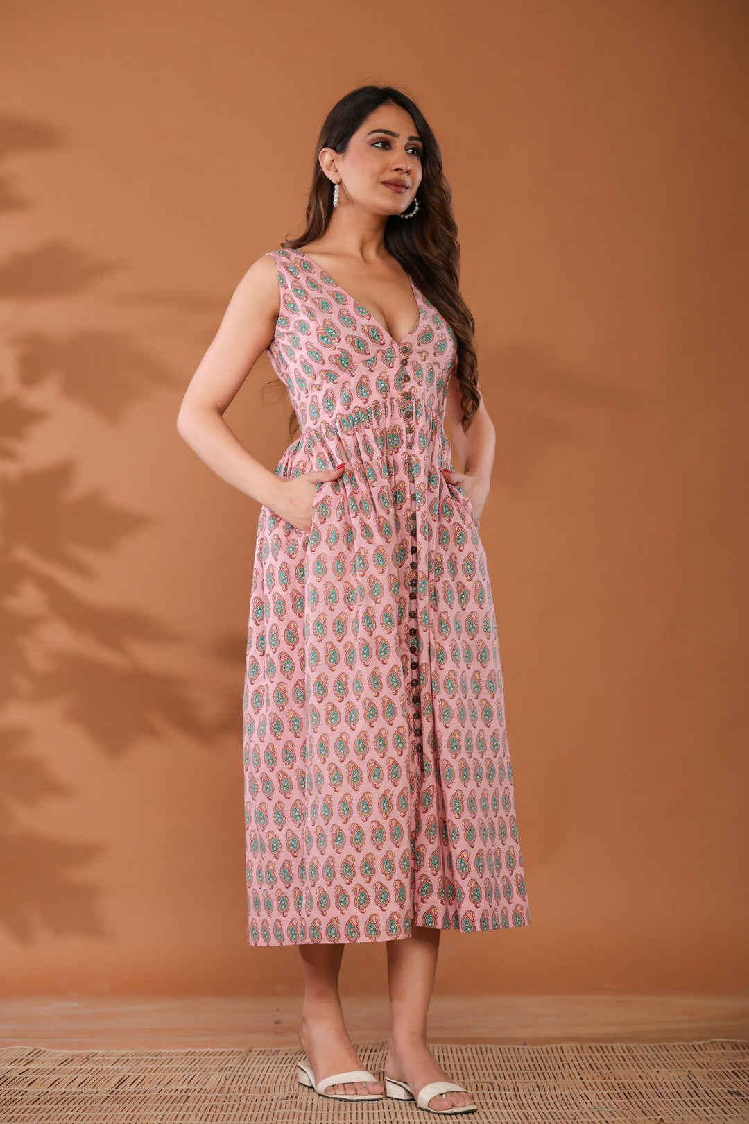 Sugar Pink Cotton Hand Block Printed Midi Dress  - By Ragavi - qivii