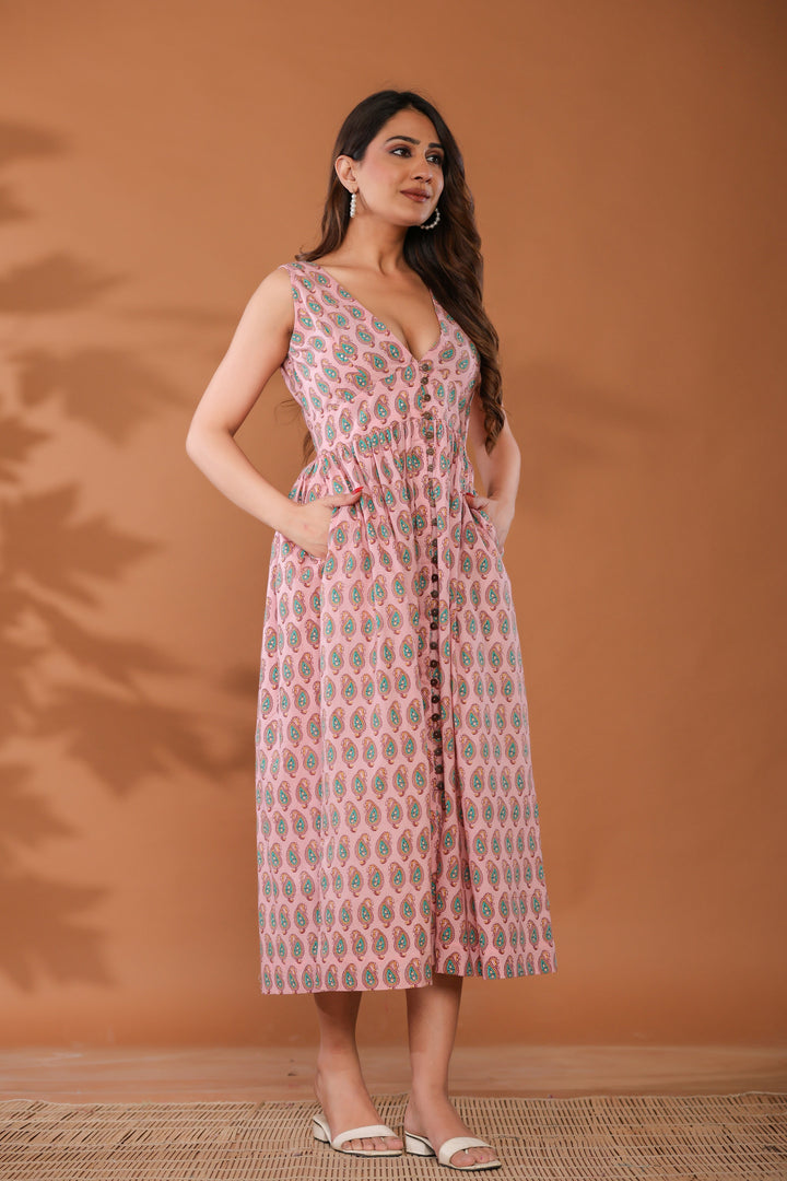 Sugar Pink Cotton Hand Block Printed Midi Dress  - By Ragavi - qivii