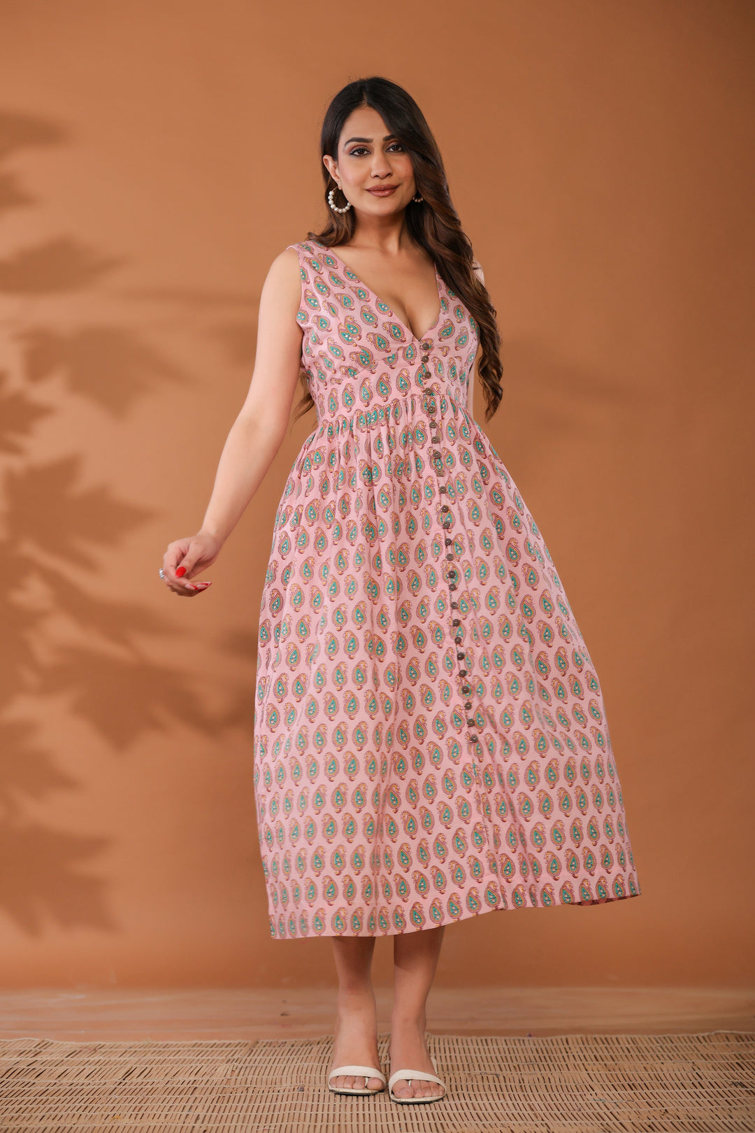 Sugar Pink Cotton Hand Block Printed Midi Dress  - By Ragavi - qivii