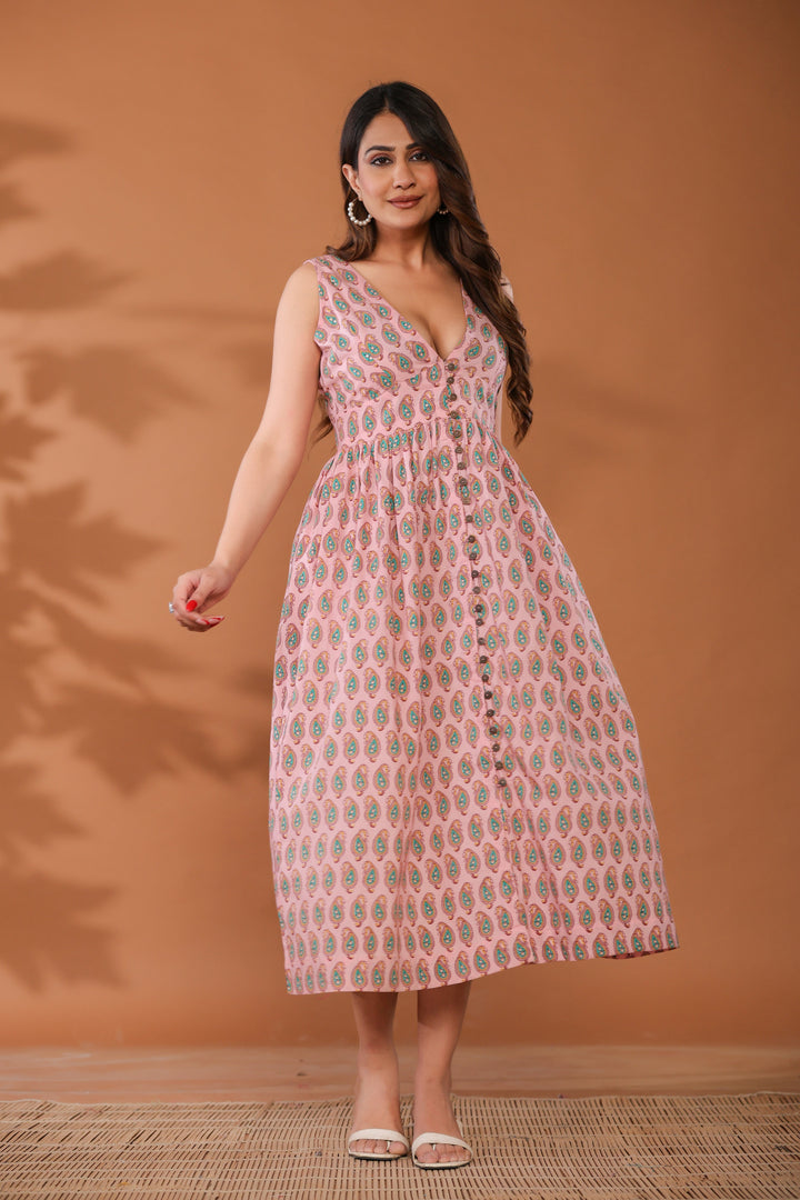Sugar Pink Cotton Hand Block Printed Midi Dress  - By Ragavi - qivii